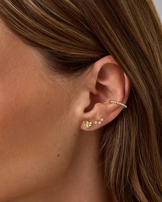 PAVOI 14K Gold Plated Dainty Flat Back Earrings for Women - Hypoallergenic Sterling Silver Posts Helix Cartilage Piercing Jewelry - Emoji Motif Bow Celestial Flatback Gold Stud Earrings Screw Back