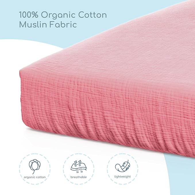 Muslin Crib Sheets, 100% Organic Cotton, Breathable and Ultra-Soft, Standard Crib Sheet Mattress (28"x 52") for Girls and Boys, Neutral Fitted Baby Crib Sheet (Pale Rose)