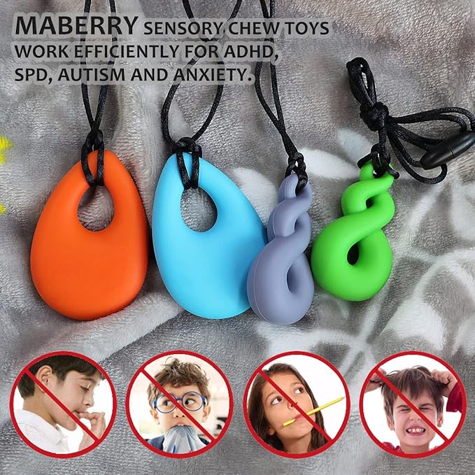 Chew Necklace for Sensory Kids and Adults, 4 Pcs Food-Grade Silicone Chew Toys for Boys Girls with ADHD/Autism/SPD/Anxiety, Durable Chewy Necklace Sensory Reduce Chewing Fidgeting - BPA Free