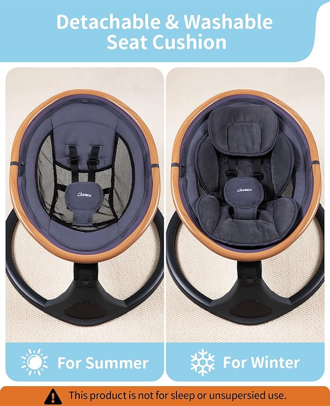 LAREX Baby Swing to Toddler Electric Infant Swing Portable for Newborn Boy Girl, 5 Sway Speeds with Remote Control, 12 Preset Melodies and Bluetooth, 0-6 Months Max 20 Lbs(Dark Wood Grain)