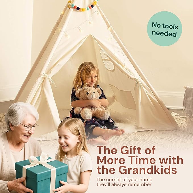 PLAYVIBE Teepee Tent for Kids - Castle Theme, Plastic Canopy - Indoor & Outdoor Toddler Playhouse with LED Star Lights & Cozy Reading Nook
