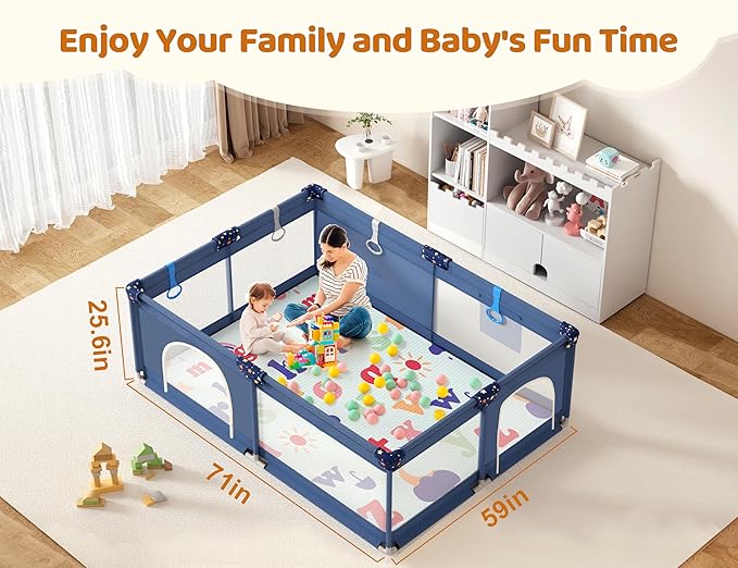 CoziBB Baby Playpen with Mat, 71" × 59" Extra Large Playpen for Toddler, Baby Playard with Breathable Mesh, Fence Play & Sleep Area for Indoor & Outdoor