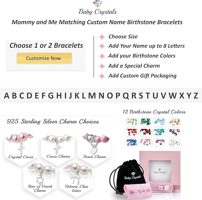 Personalized Baby Gifts, Mommy and Me Matching Birthstone Bracelet, Sterling Silver Alphabet Beads with your Name, White Pearl Bracelets for Girls, Birthstone Jewelry Baptism Gifts for a Birthday Girl