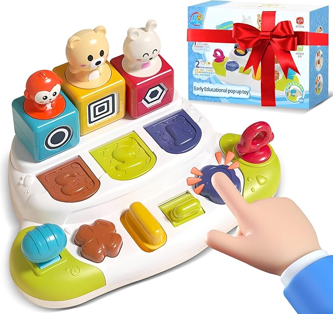 Pop Up Animals Toy with Buttons, Montessori Toys for Babies Cause and Effect Baby Toy Educational Toys 12-18 Months, Birthday Gift for Boys Girls