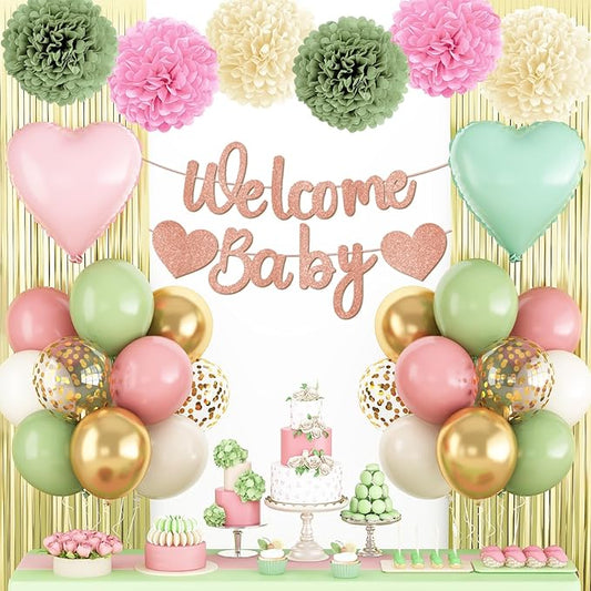 Dusty Pink Green Gold Baby Shower Decorations,Welcome Baby Banner with Sand White Sage Green Balloons Fringe Curtains Paper Pom Poms Flowers Tassels for Boho Baby Shower Gender Reveal Party Supplies