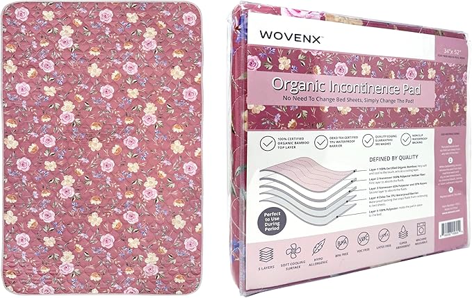 Organic Incontinence Pad for Period - Waterproof Protectors - Reusable Washable Pee Pad - Fits Twin to Full Size Beds - 100% Organic Viscose Derived from Bamboo - 34" x 52" Dark Flower