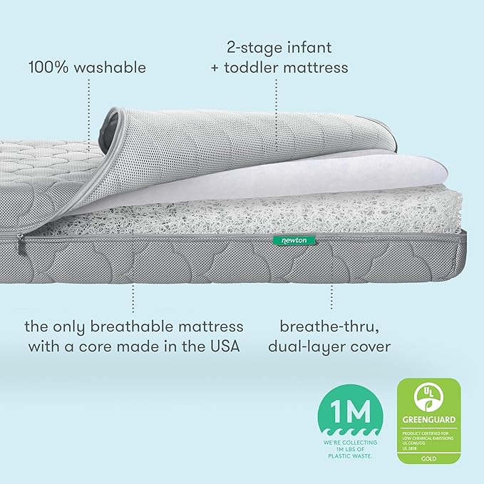 Newton Baby Crib Mattress and Toddler Bed - Ultra-Breathable Proven to Reduce Suffocation Risk, Washable Core & Cover, 2-Stage, Plush 5.5" Thick- Moonlight Grey