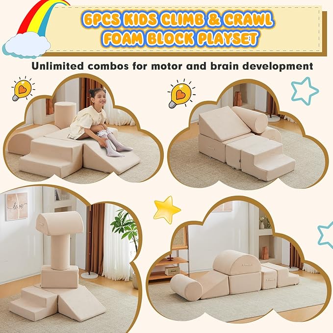 jela Kids Foam Climbing Blocks 6Pcs Soft Play Equipment Luxury Miss Fabric Toddler Climbing Toys Indoor, Lightweight Climbing Blocks for Babies, Kids, Climb and Crawl Foam Playset (Sand Beige)