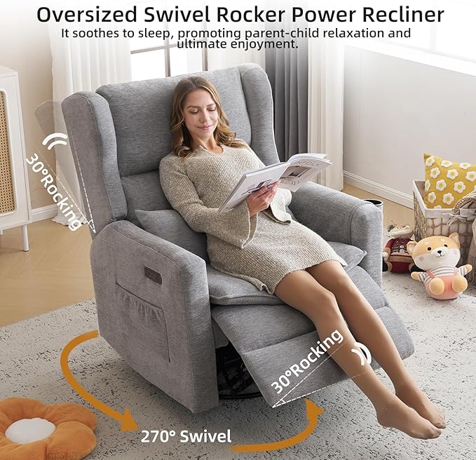 Oversized Swivel Rocker Recliner Chair, 26" Extra Wide Glider Nursery Chair with Adjustable Headrest, Chenille Power Recliner Rocking with Double Cushion, Cup Holder, Grey
