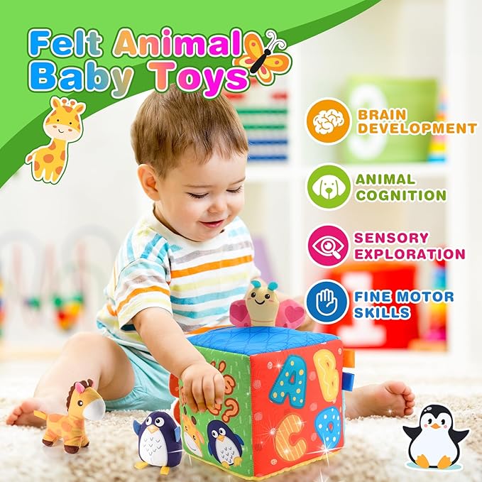 Baby Toys 6-12 Months, Mystery Montessori Sensory Soft Box Toy with 8 Stuffed Animals for 6 7 8 9 10 12 Month Old Babies Girl Boy Gifts Learning Busy Boxes Birthday for Infant & Toddler