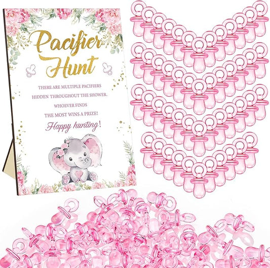 Thyle 51 Pcs Pacifier Hunt Baby Shower Games Include Hunt Sign and 50 Acrylic Pacifiers for Baby Shower Game Decoration Gift Sets Gender Reveal Party Decor(Pink Elephant)