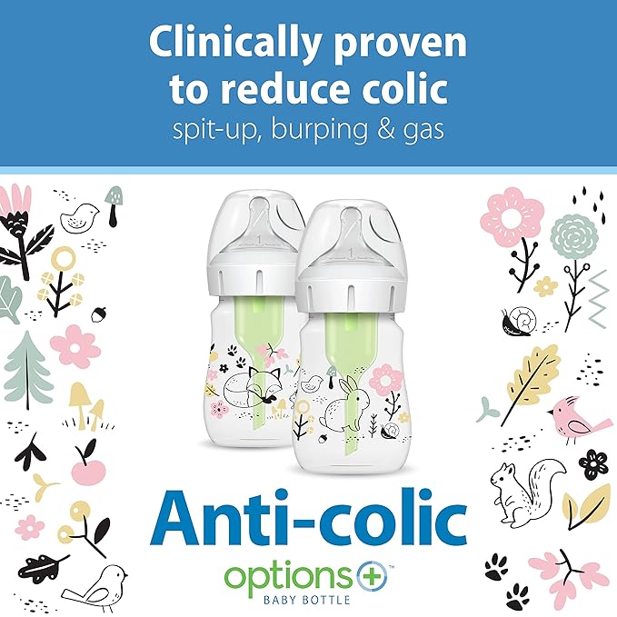 Dr. Brown’s Natural Flow Anti-Colic Options+ Wide-Neck Baby Bottle Designer Edition Bottles, Woodland Decos, 5 oz/150 mL, Level 1 Nipple, 2-Pack, 0m+