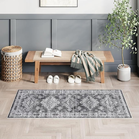 Dripex Vintage Washable Area Rug - 2x4 Indoor Door Mat Oriental Medallion Accent Throw Rug Distressed Foldable Non-Slip Low-Pile Bathroom Kitchen Rug for Entryway Laundry Room Living Room Bedroom