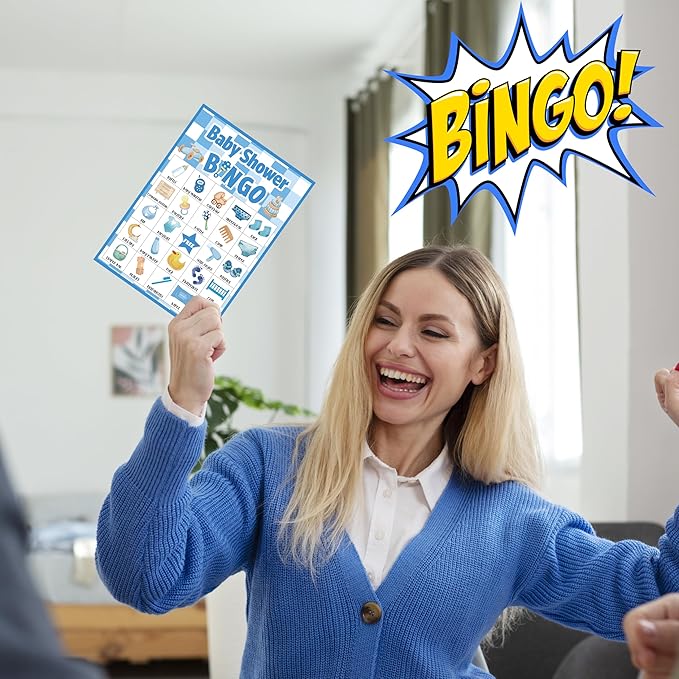 Baby Shower Bingo Game For Adults, Baby Shower Party Bingo Game Set, Blue Baby Shower Bingo Cards, Gender Reveal Bingo Favors For Family Friends, Baby Shower Large Group Game Decor & Supplies -16