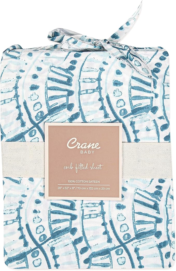 Crane Baby Soft Cotton Crib Mattress Sheet, Fitted Sheet for Cribs and Toddler Beds, Indigo Blue, 28”w x 52”h x 9”d