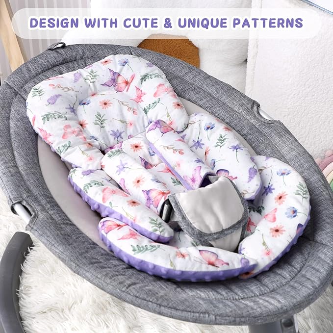 Pea Pod Infant Car Seat Insert with Strap Covers, All in One Reversible Baby Car Seat Head Support for Newborn, 3D Soft Minky Carseat Cushion for Preemie to Infant, Stroller, Swing, Bouncer, Butterfly