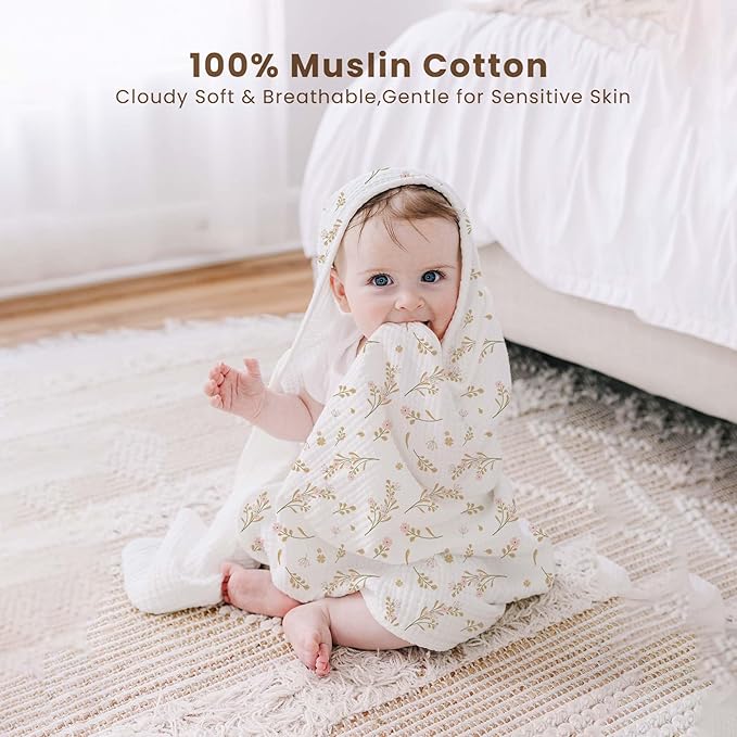 Konssy 2-Pack Muslin Hooded Baby Towels, 100% Cotton, Ultra-Soft & Absorbent Baby Bath Towels with Hood for Newborn & Infant (Pink, Floral,30" x 30")