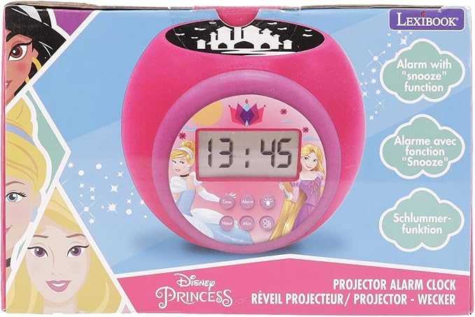LEXIBOOK Projector Clock Disney Princess with Snooze Alarm Function, Night Light with Timer, LCD Screen, Battery Operated, Pink