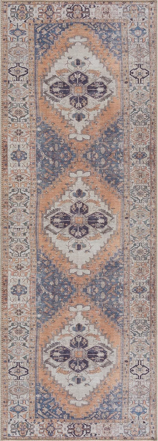 Bloom Rugs Washable 10 ft Runner - Orange/Blue/Beige Traditional Runner for Entryway, Hallway, Bathroom, and Kitchen - Exact Size: 2.5' x 10'