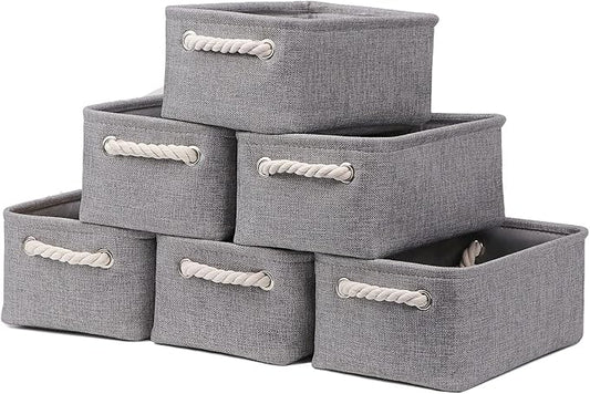 HNZIGE Small Baskets for Shelves(6pack) Fabric Storage Baskets, Empty Gift Baskets with Rope Handles, Decorative Foldable Storage Baskets for Organizing Home Closet Office (Gray, 11.8" x 7.8" x 5.1")