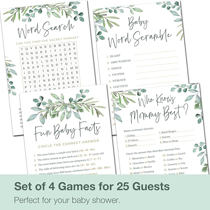 Papery Pop Baby Shower Games - Set of 4 Games for 25 Guests - Double Sided Cards - Eucalyptus