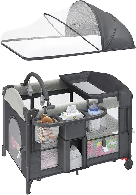 5-in-1 Baby Bassinet Bedside Sleeper with Swing Tube Converts to Cradle, Baby Crib with Mattress, Detachable Diaper Changer, Mosquito Net and Toy, Free-Installation, Grey
