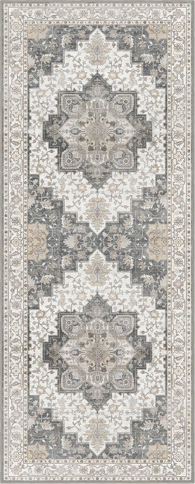 GENIMO 2x12 Runner Rugs for Hallway, Machine Washable Non Slip Vintage Rugs, Low Pile Lightweight Soft Print Rug for enrtyway, Corridor, Home Office, Kitchen, Heathered Grey