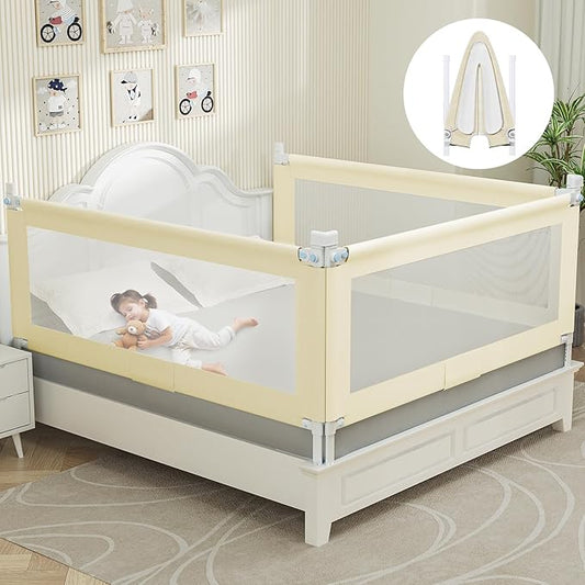 Bed Guard Rail for Toddlers - 74.8" Quick Assembly & Double Side Lift with Safety Child Lock - Adjustable Height Baby Bed Rails for Queen Full King Twin Crib Bunk Size Bed(Beige, 1 Pack)