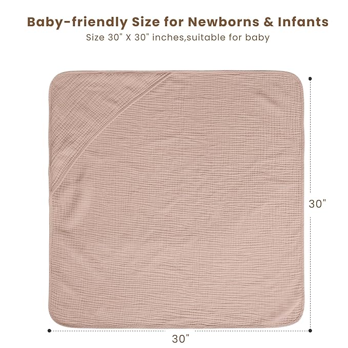 Konssy 2-Pack Muslin Hooded Baby Towels, 100% Cotton, Ultra-Soft & Absorbent Baby Bath Towels with Hood for Newborn & Infant (Taupe,Soft Blooms,30" x 30")