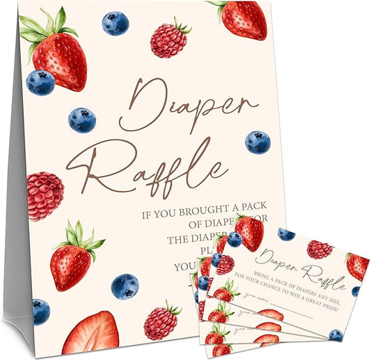 Blueberry & Strawberry Diaper Raffle Set For Baby Shower - 50 Raffle Tickets With 1 Standing Sign - Baby Announcement, Gender Reveal Baby Shower Party Decoration Game Set - A06