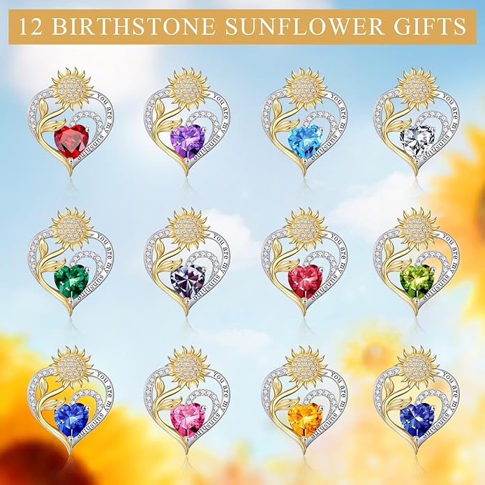 Iefil Sunflower Gifts for Women - Sunflower Necklace Heart Pendant Birthstone Necklace for Women Anniversary Birthday Gifts for Wife You Are My Sunshine 925 Sterling Silver Jewelry for Wife Mom