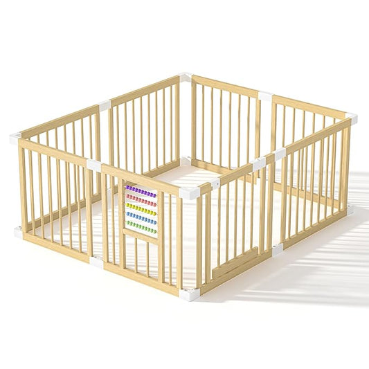 Baby Playpen with Gate, Wooden Playpen for Babies and Toddlers, Baby Play Yard with Colorful Acrylic Beads, Extra Large Fence Play Area with Suction Cups(63 * 47 * 24Inch)