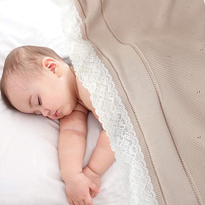 100% Organic Cotton Baby Blanket Knitted Softer Receiving Swaddle Warm Cozy Cuddle Crib Blanket for Newborns Infants Toddlers Boy and Girls Camel