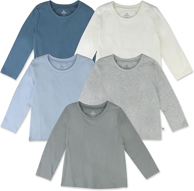 HonestBaby 5-Pack Long Sleeve T Shirts 100% Organic Cotton for Toddler, Little Kids Boys, Girls
