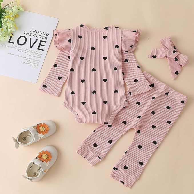 Fullfamous Baby Girl's 3pc Rib Frill Long Sleeve Romper and Pant Set