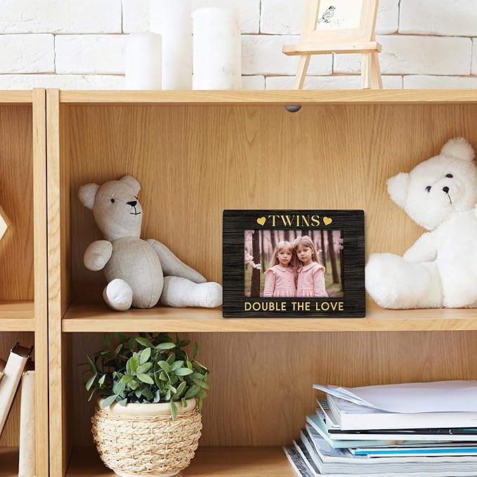 Twin Baby Gifts Picture Frame 4x6, Twin Mom Gifts Wooden Picture Frame, Baby Announcement Gift, Twins Must Haves for Newborn Double The Love Decorative Photo Frames for Table Desk Decor