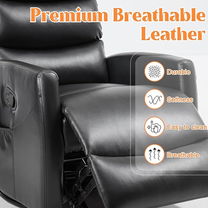 Manual Swivel Rocker Recliner Chair with Massage, Overstuffed Recliner Glider with Vibration Massage and Heat for Nursery, Living Room Reclining Sofa Chair, PU Leather Black