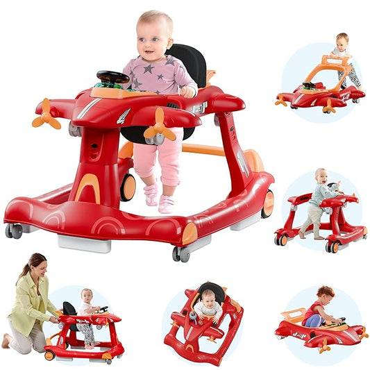Xilingol 6-in-1 Baby Walker with Wheels, Adjustable Height & Speed Activity Walker with Padded Seat, Foldable Walker for Babies, Toddler Push Walkers for Boy & Girl 6-18 Months, Music & Light