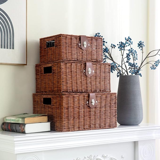 Set of 3 Woven Wicker Storage Basket Box with Lid & Lock, Built-in Carry Handles, Multifunctional Storage Organiser for Nursery, Baby, Clothes, Toys, Books, Large/Medium/Small Size (Natural)