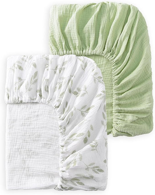 Baby Crib Sheets 2 PCS, 100% Organic Cotton Crib Sheet for Standard Crib Mattress(52”x 28”), Fitted and Soft Breathable Muslin Crib Mattress Sheet for Girl and Boy (Leaves, Green)