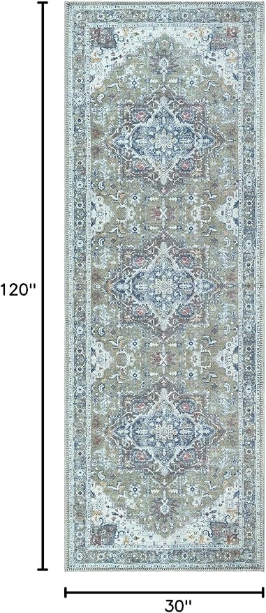 Bloom Rugs Washable Non-Slip 10 ft Runner - Green/Blue Traditional Medallion Runner for Entryway, Hallway, Bathroom, and Kitchen - Exact Size: 2.5' x 10'