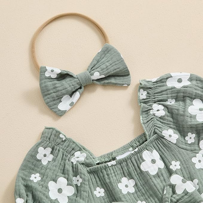 Baby Girls Floral Cotton Leotard Romper Newborn Daisy Playsuits Ruffled Sleeve Onesie Infant Jumpsuit Clothes Headband