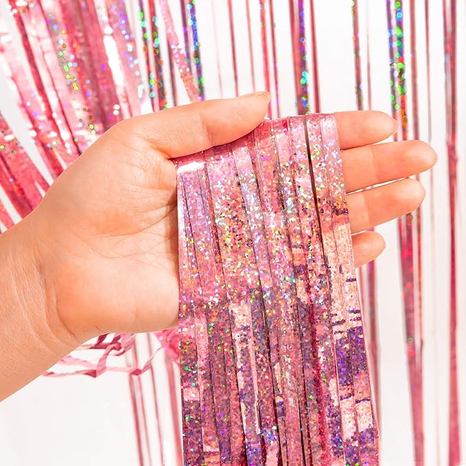 BRAVESHINE Rose-Gold Tinsel Foil Fringe Curtains - 2Pcs 3.2x8.2ft Metallic Holiday Photo Booth Backdrop Party Supplies for Birthdays Valentines Day Bridal Shower Bachelorette Engagement Party