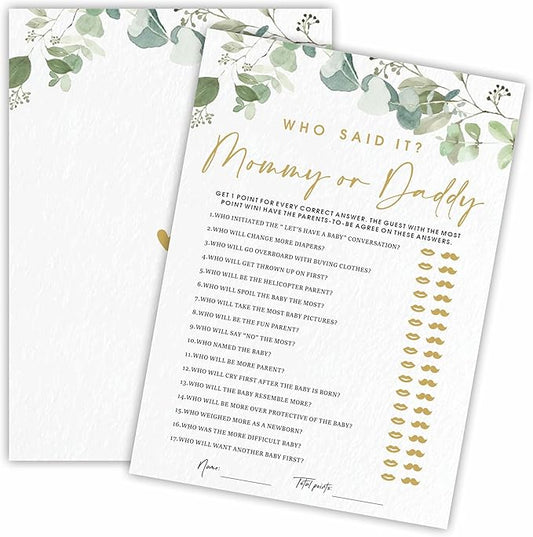 Guess Who Said It? Mommy Or Daddy Baby Shower Game Cards - Golden Greenery - 30 Double-Sided Fill In Style Game Cards For Gender Reveal, Baby Announcement, Party Games & Activity - D04