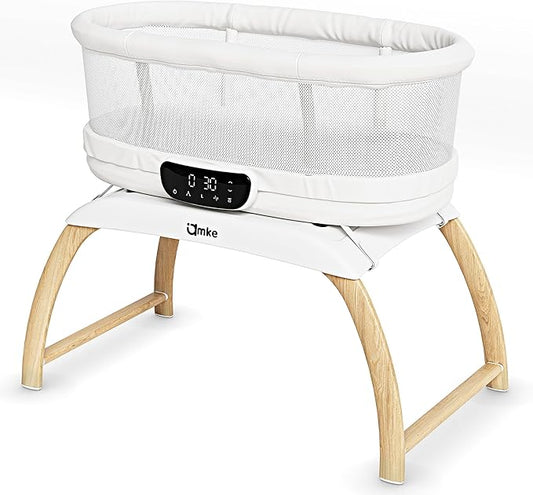 AMKE 4 in 1 Baby Bassinet with 5 Rocking Motion, Mutil-Function Electric Infant Sleeper with Timer and Weighing Mode, Remote Control, Built-in 12 Songs