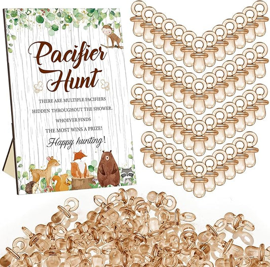 Thyle 51 Pcs Pacifier Hunt Baby Shower Games Include Hunt Sign and 50 Acrylic Pacifiers for Baby Shower Game Decoration Gift Sets Gender Reveal Party Decor (Woodland Animals)