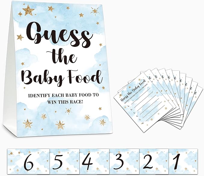 Baby Shower Game Set, Find The Baby Food Party Games(1 Standing Sign + 20 Answer Cards + 6 Number Cards), Moon and Stars Shower Games, Sleepover Gender Reveal Party Favor Decor(A05)
