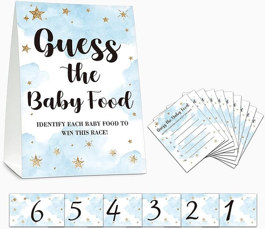 Baby Shower Game Set, Find The Baby Food Party Games(1 Standing Sign + 20 Answer Cards + 6 Number Cards), Moon and Stars Shower Games, Sleepover Gender Reveal Party Favor Decor(A05)