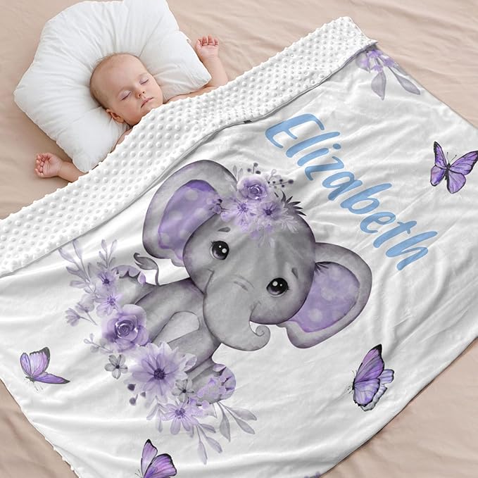 Personalized Baby Blanket for Girls Elephant Custom Baby Blankets with Name Dotted Backing Customized Gifts for New Mom Customize Baby Blanket for Kids Newborn Birthday Purple