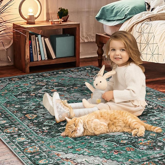 Ciicool Washable Runner Rug Nonslip, 2'x6' Teal Hallway Rug Non-Slip Vintage Kitchen Rugs Carpet Runner for Bedroom Laundry Bathroom Decor